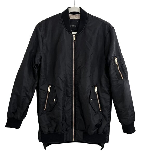 Zara Jackets & Blazers - Zara Oversized Black Bomber Jacket Women Side Zip Gold Zipper Size Small